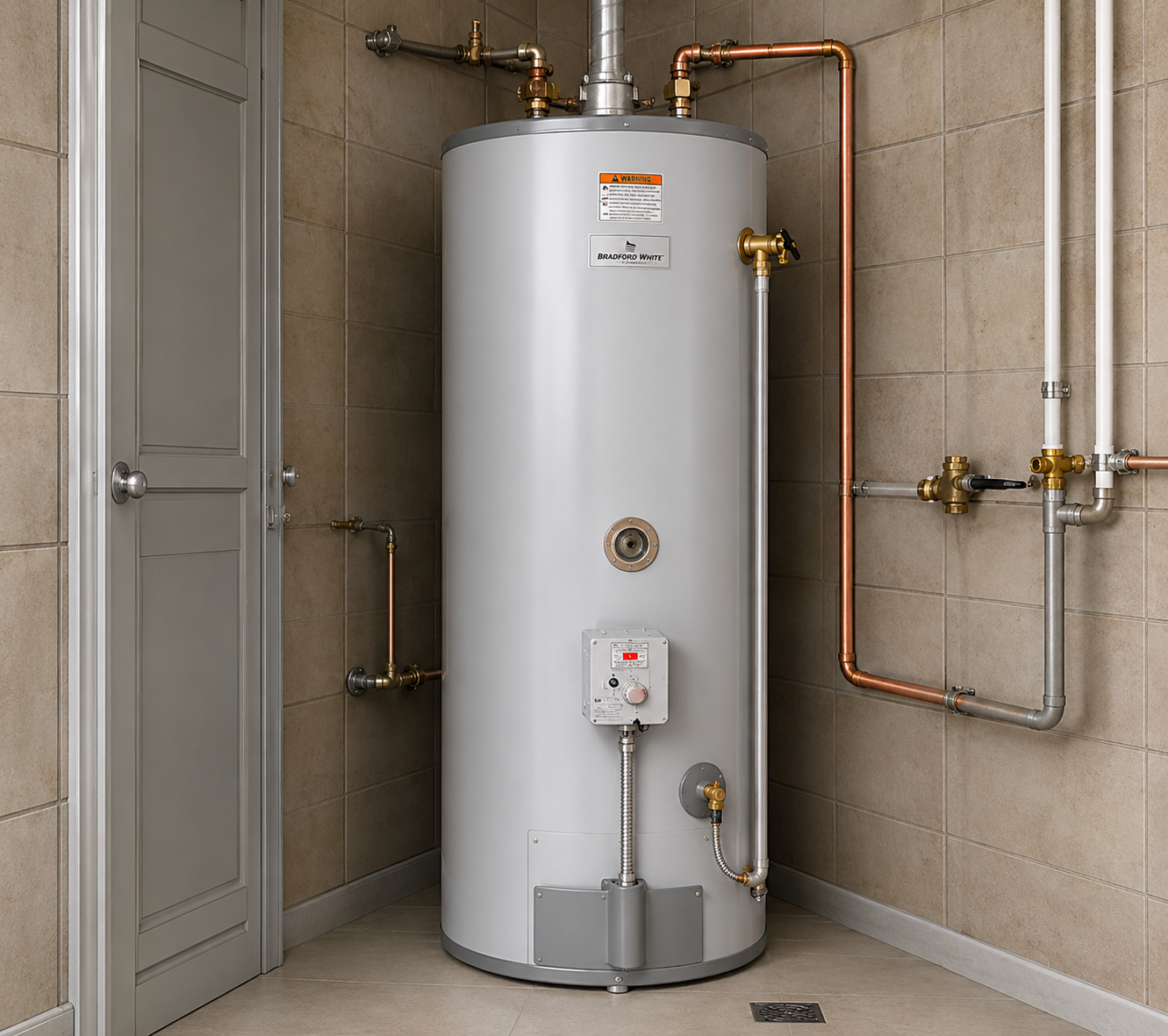 Bradford White tank water heater in utility room