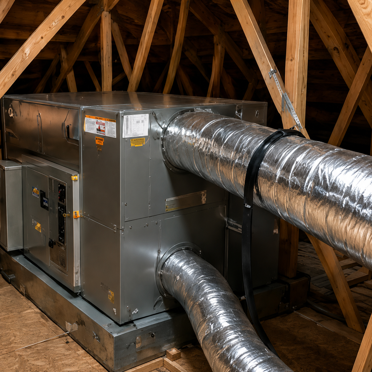 HVAC unit and insulated ductwork in attic space
