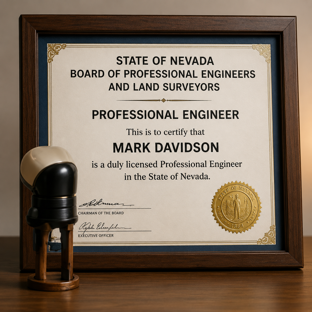 Framed Nevada Professional Engineer license certificate