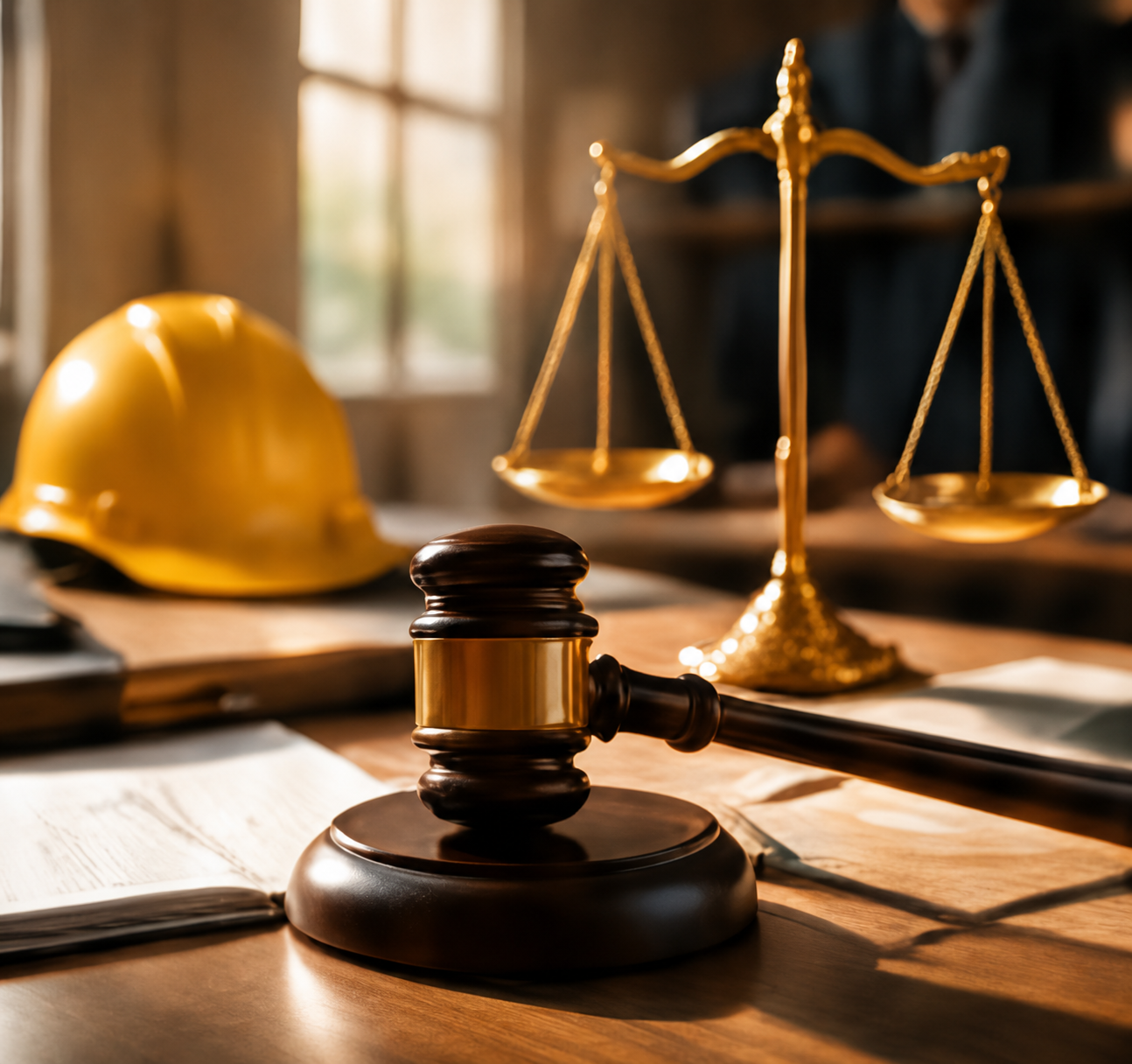 Construction hard hat beside scales of justice and a gavel