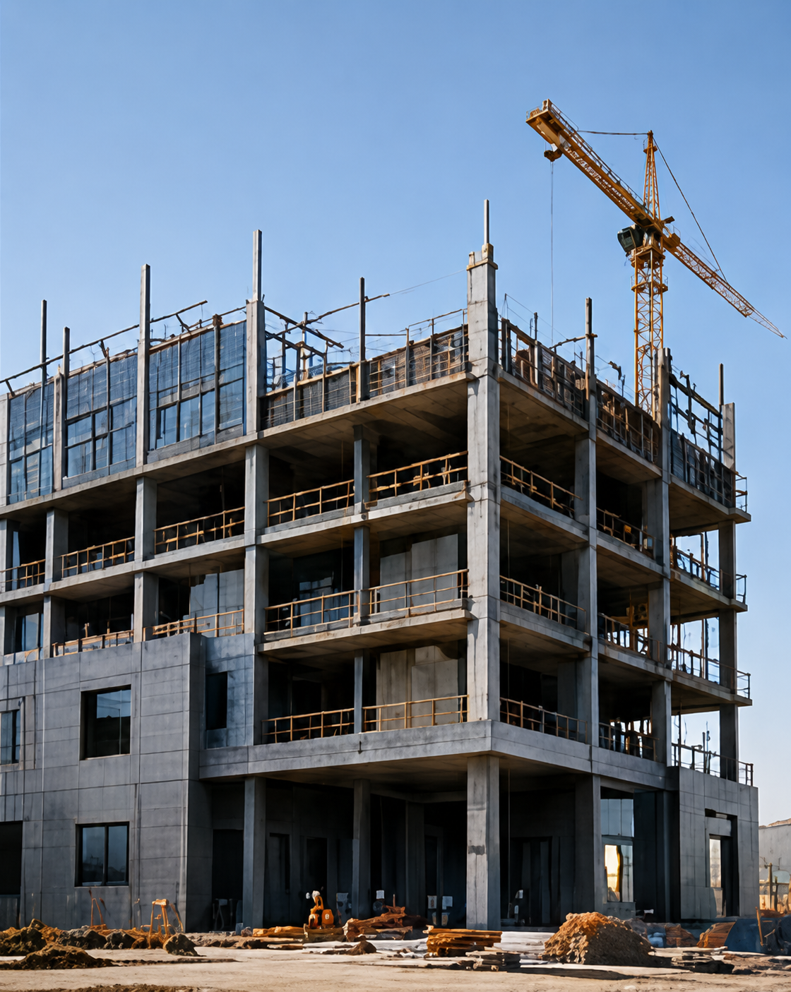 High-rise building under construction with tower crane