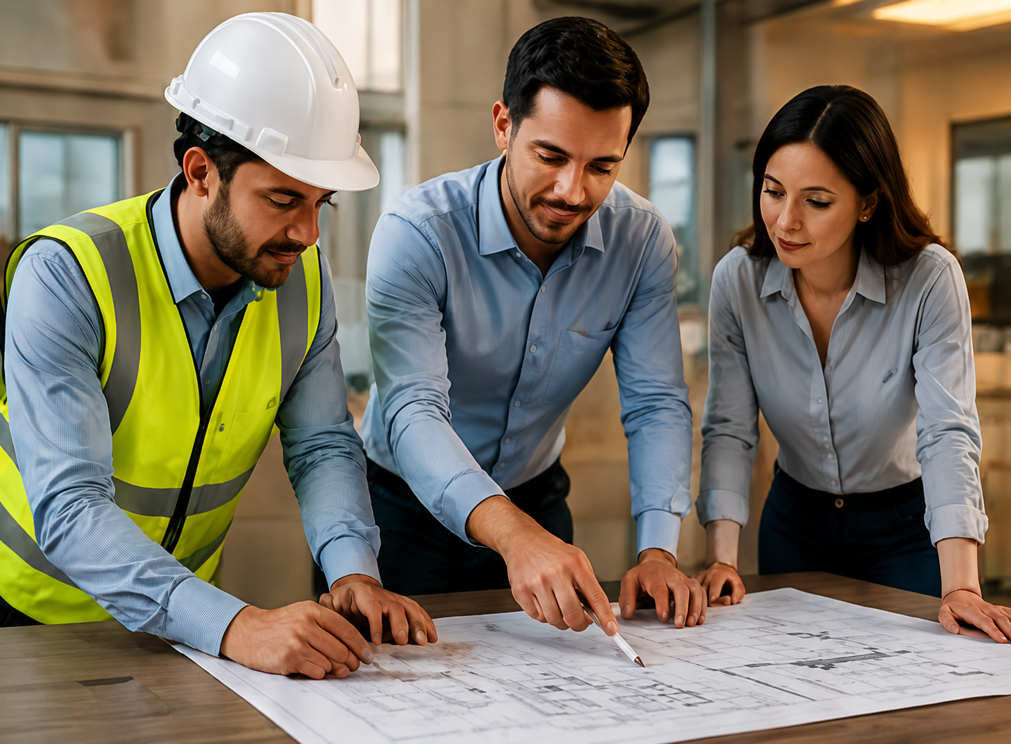 Engineers reviewing construction drawings on a job site