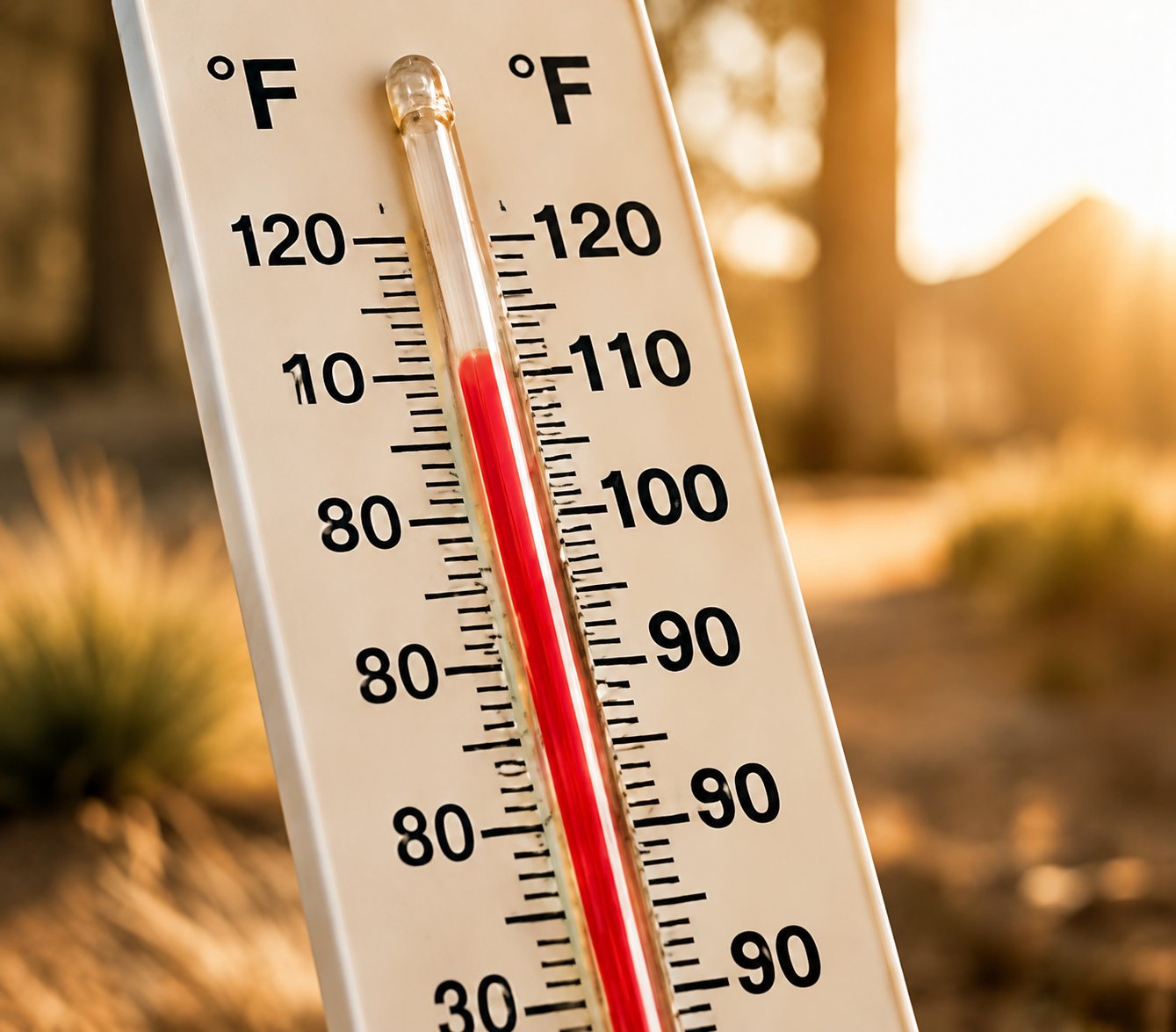 Outdoor thermometer reading extreme desert heat