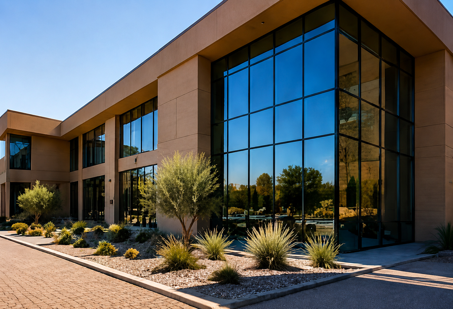 Modern commercial building with large glass windows