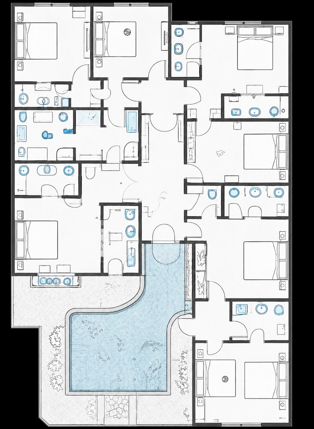 Large residential floor plan with multiple bedrooms and bathrooms