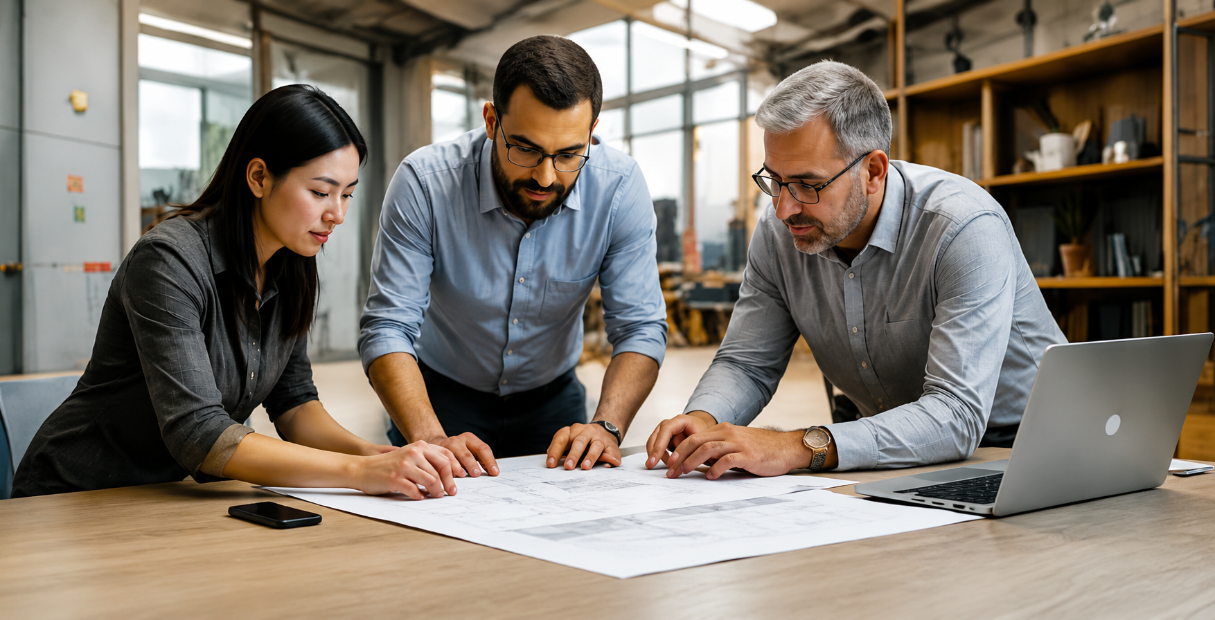 Engineers reviewing construction drawings on a job site