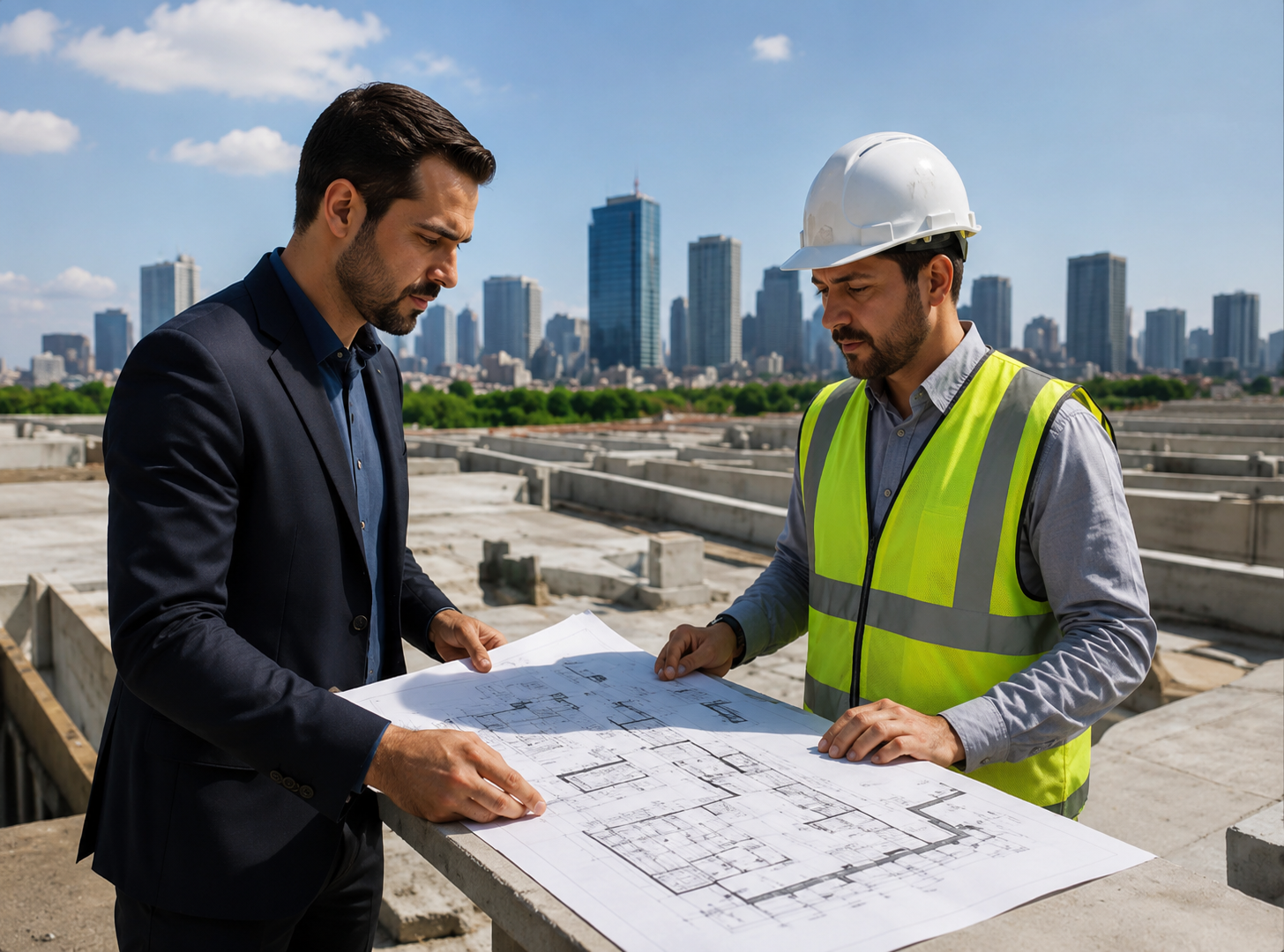 Architect and engineer reviewing blueprints at a construction site