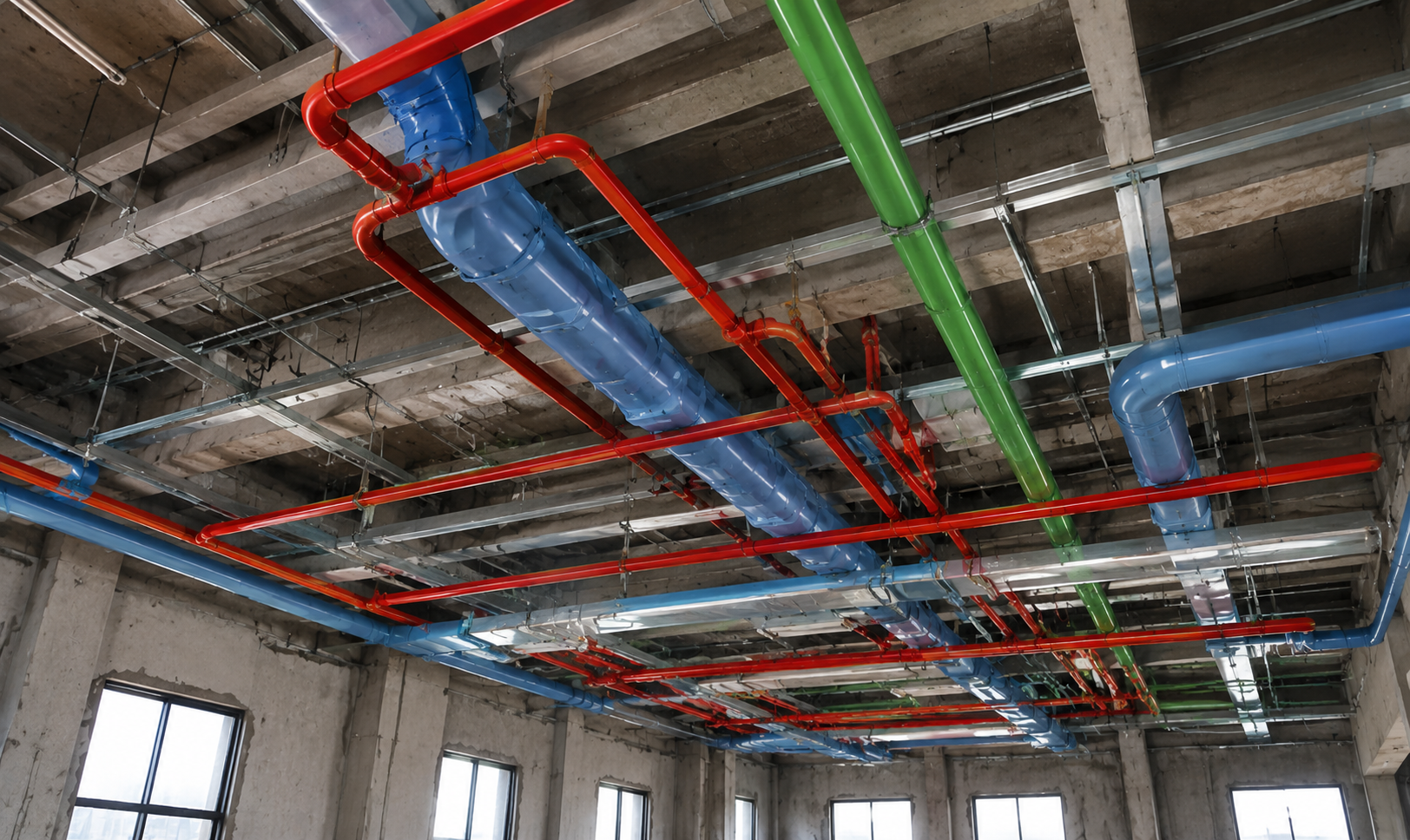 Colorful ceiling pipes and ductwork in a commercial building