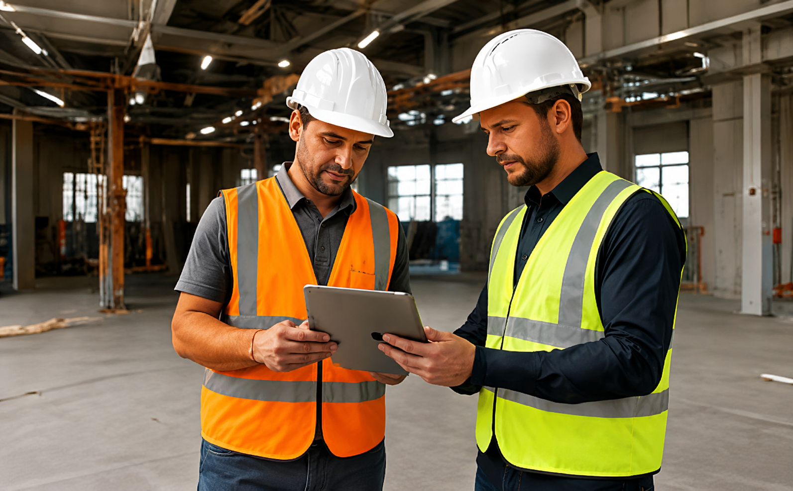 Construction supervisors reviewing plans on a tablet at a job site