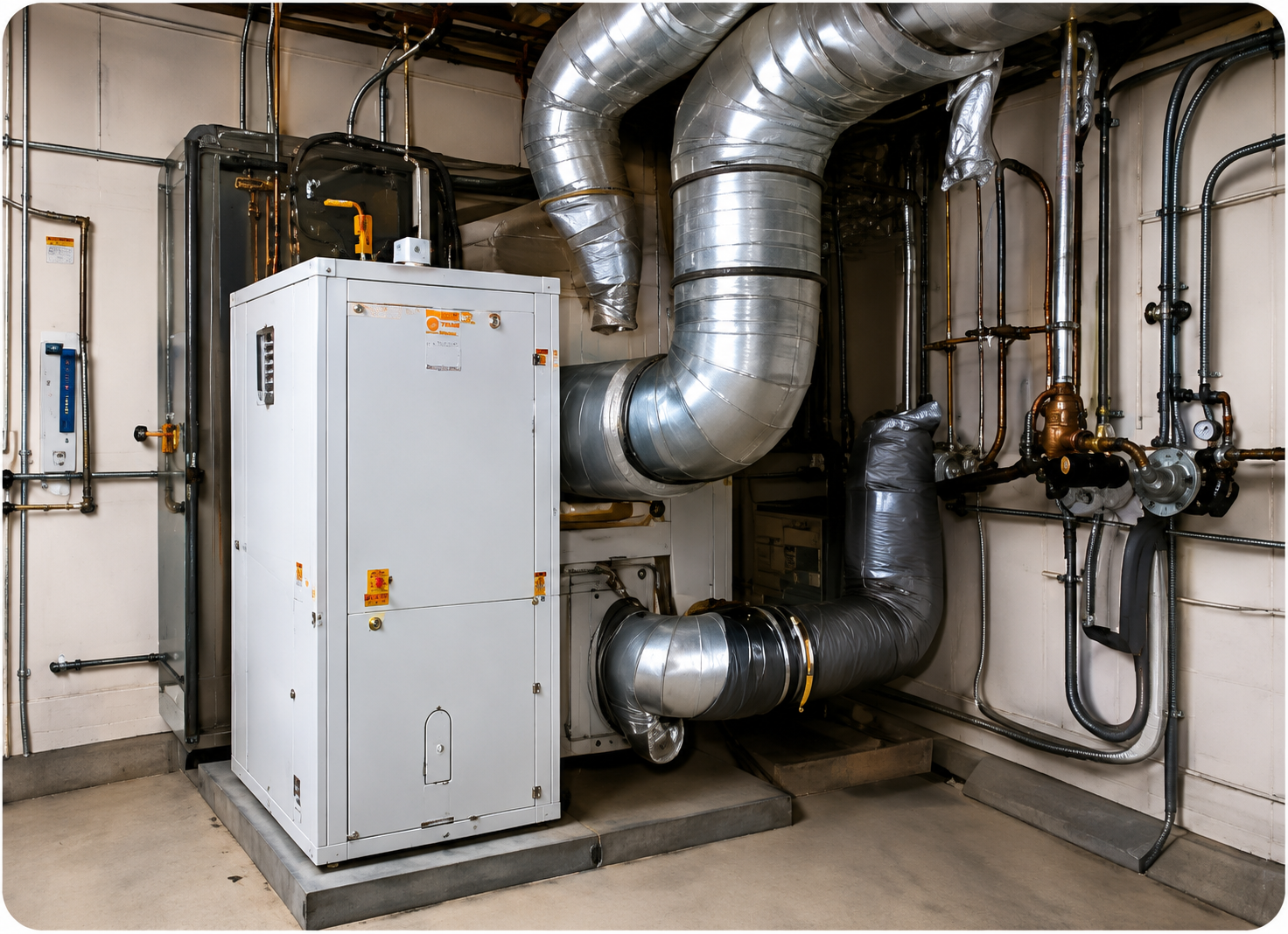 Mechanical room with HVAC equipment and ductwork