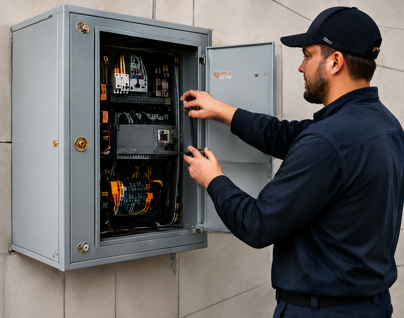 Technician servicing an electrical control panel