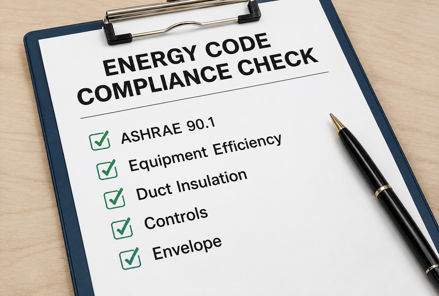 Energy code compliance checklist on a clipboard